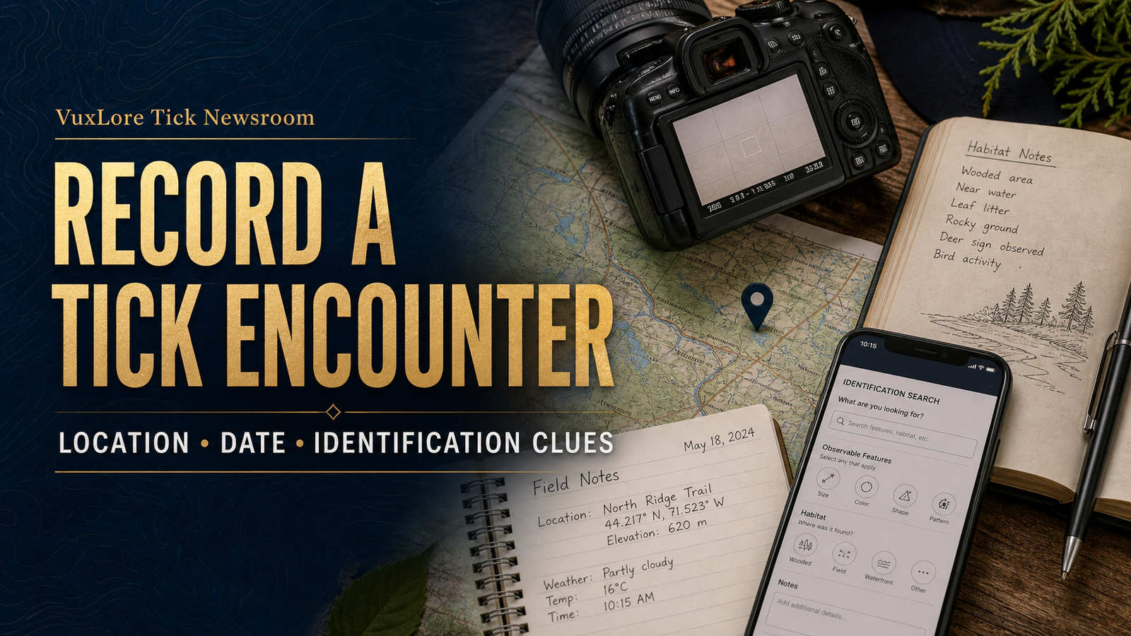 Map, camera, dated field notes and identification search illustrating how to record a tick encounter