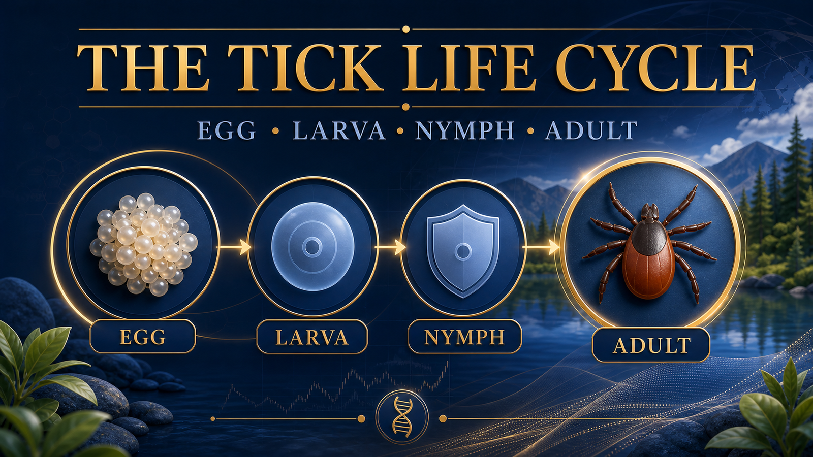 Tick life cycle showing eggs and developmental stages through to an eight-legged adult tick