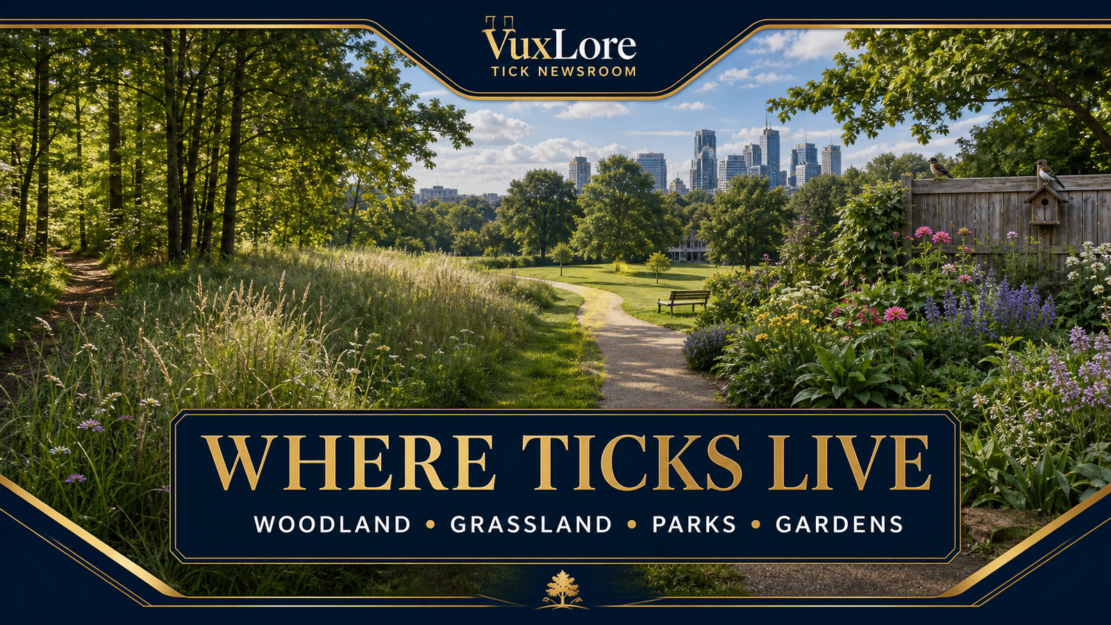 Woodland, grassland, an urban park and a wildlife-accessible garden illustrating habitats where ticks may occur