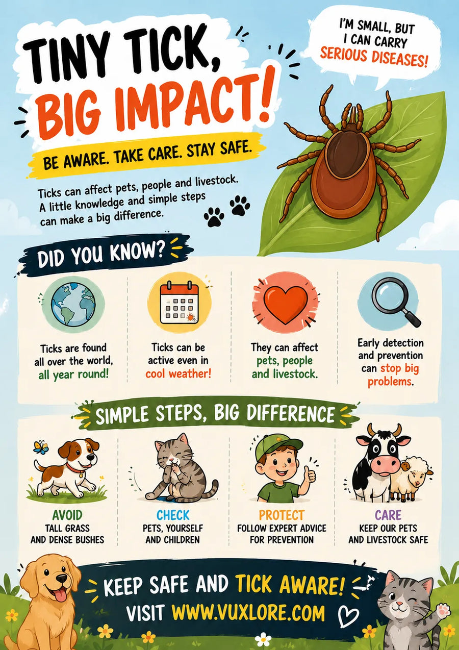 Colourful Tiny Tick, Big Impact poster introducing tick awareness for people, pets and livestock