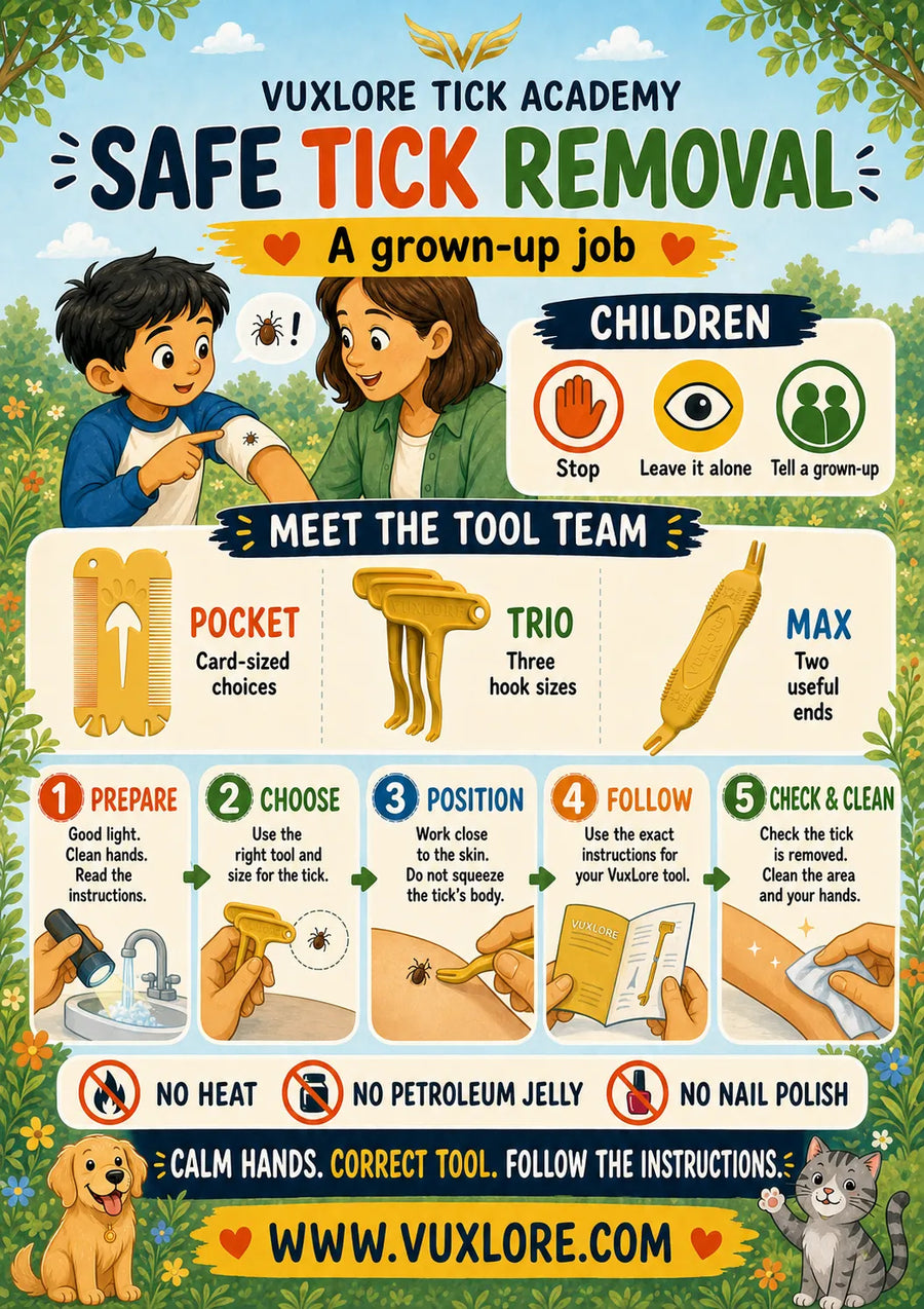 Safe tick-removal poster featuring VuxLore POCKET, TRIO and MAX tools
