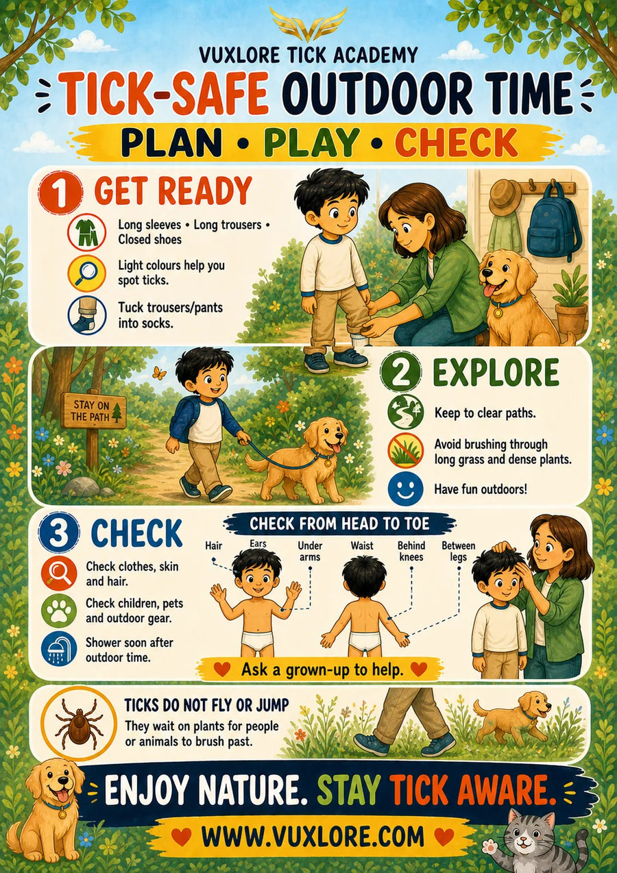 Tick-Safe Outdoor Time poster showing Plan, Play and Check steps