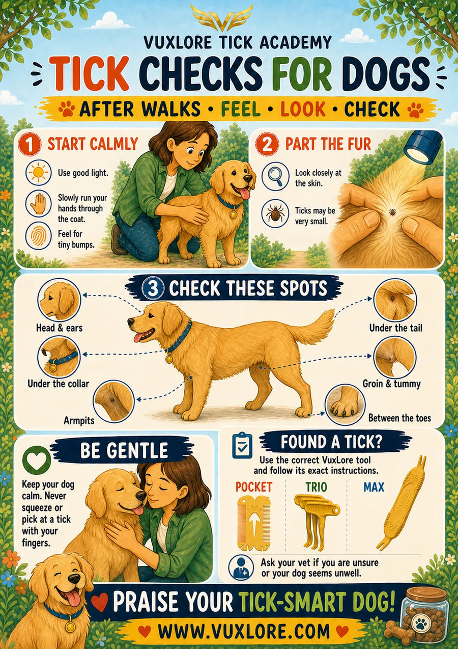 Tick Checks for Dogs poster showing a calm post-walk checking routine