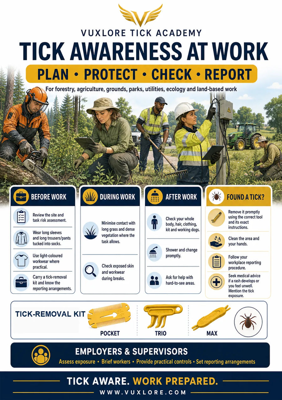 Professional Tick Awareness at Work poster for outdoor workers