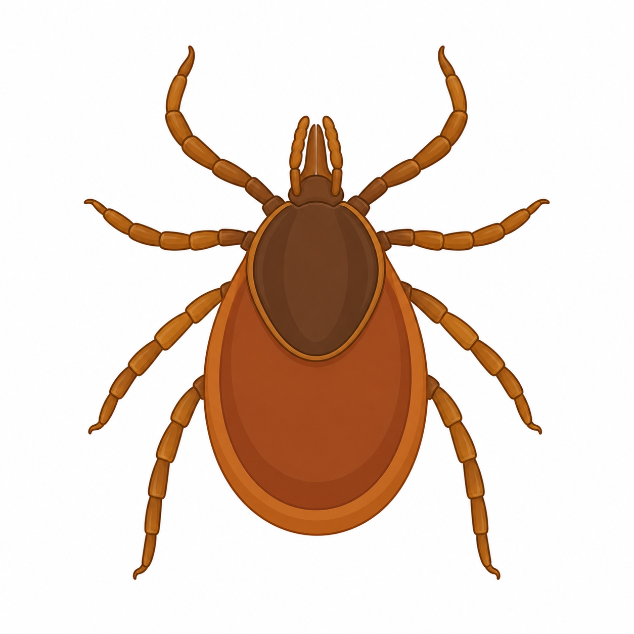 Simple enlarged illustration of a tick viewed from above with eight legs