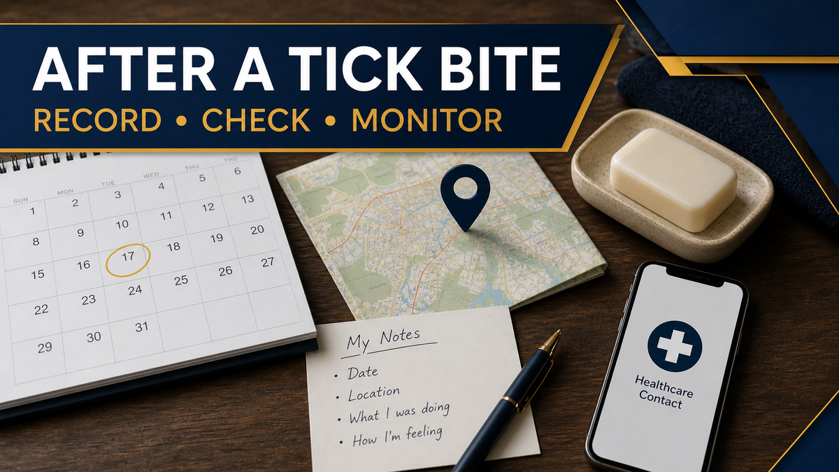 Calendar, location map and written notes illustrating what to record and monitor after a tick bite