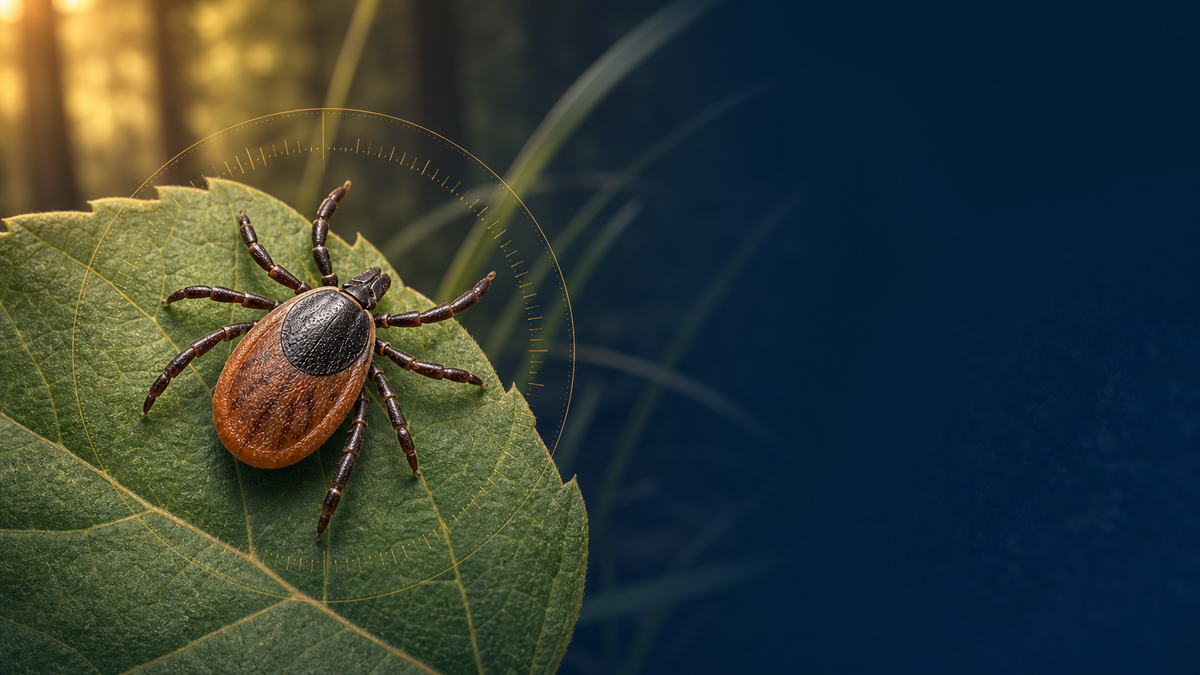 Eight-legged tick on a woodland leaf with a gold field-guide circle against a navy background.