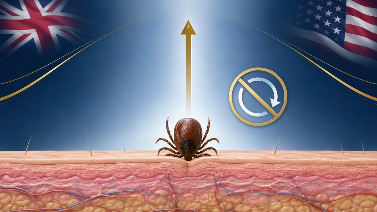 UK and US tick-removal guidance illustrated with an upward arrow and a no-twisting symbol