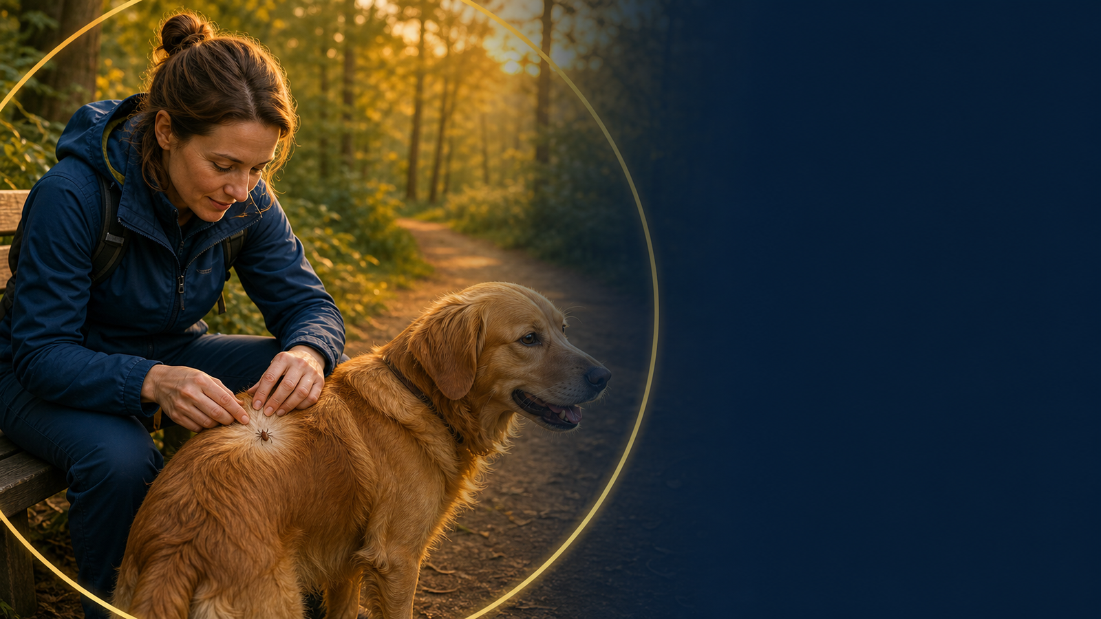 Outdoor walker checking a dog for an eight-legged tick after a woodland walk.