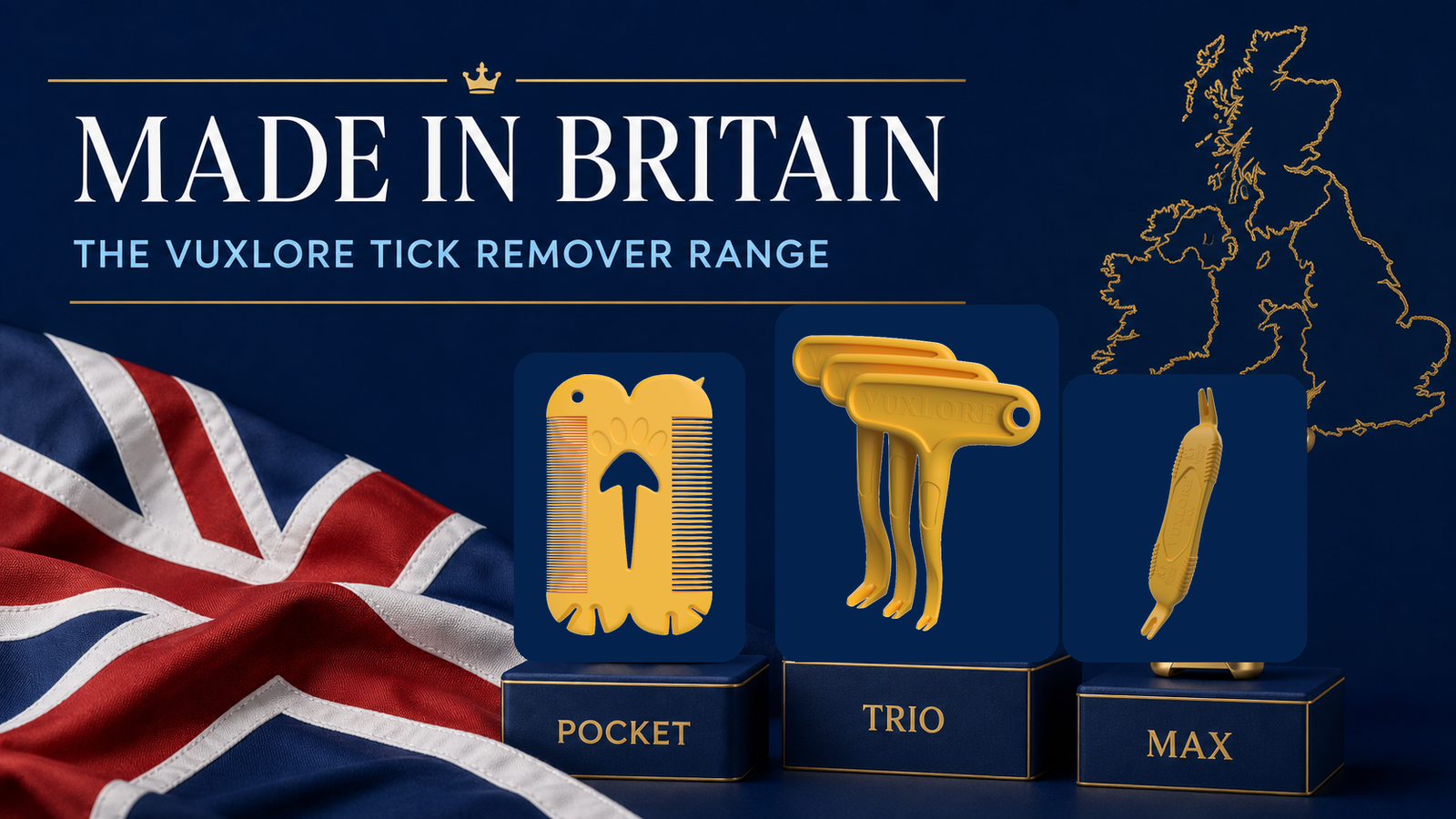 VuxLore POCKET, TRIO and MAX tick removal tools displayed with a Union Flag and a map of the United Kingdom