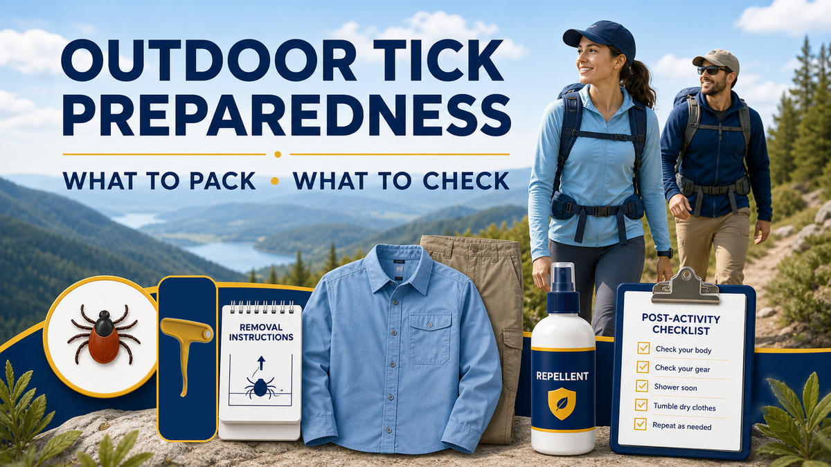 Hikers with outdoor tick-preparedness essentials and a VuxLore single-hook tick removal tool
