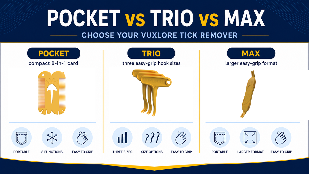 VuxLore POCKET, TRIO and MAX tick removal tools compared by portability, size options and grip format