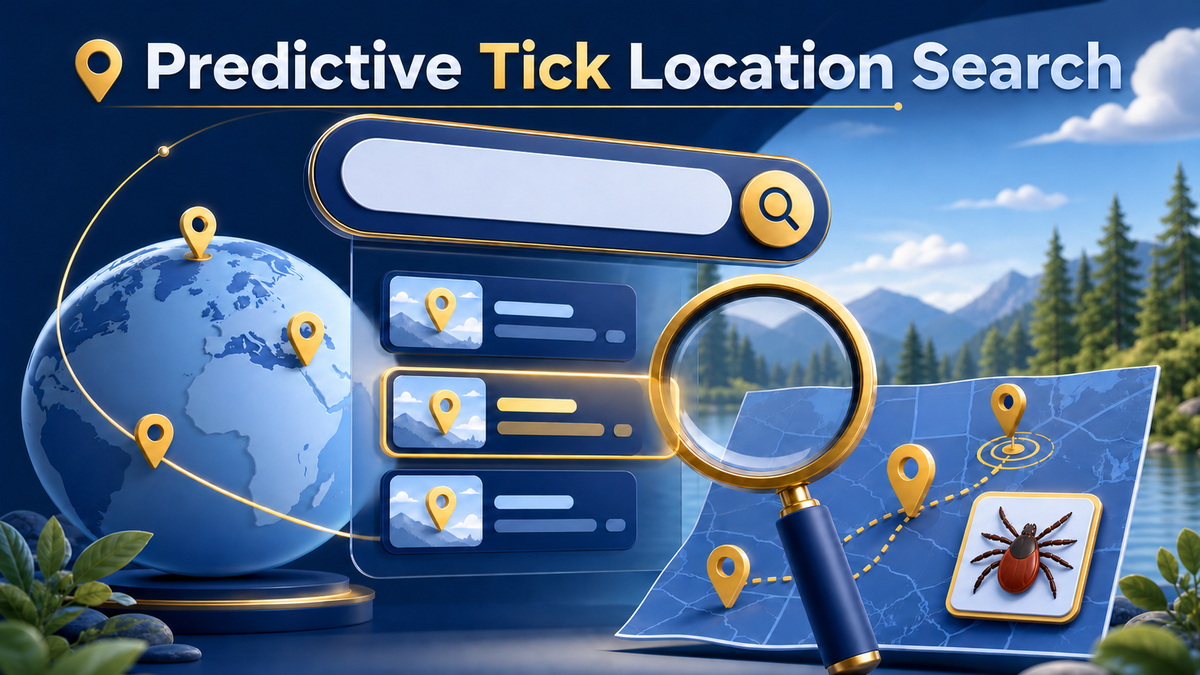 Predictive tick location search with maps, location pins and an eight-legged tick