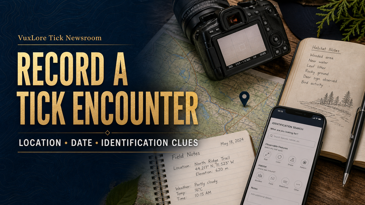 Map, camera, dated field notes and identification search illustrating how to record a tick encounter