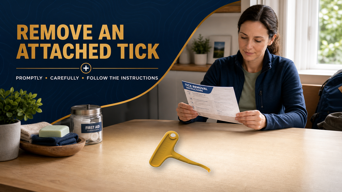 Adult reading tick-removal instructions with an original VuxLore single-hook tick removal tool on the table