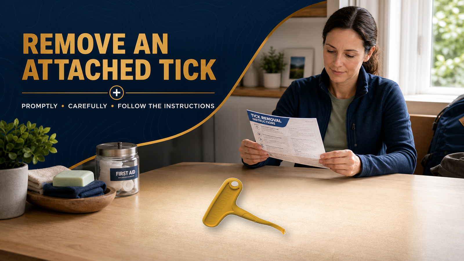Adult reading tick-removal instructions with an original VuxLore single-hook tick removal tool on the table