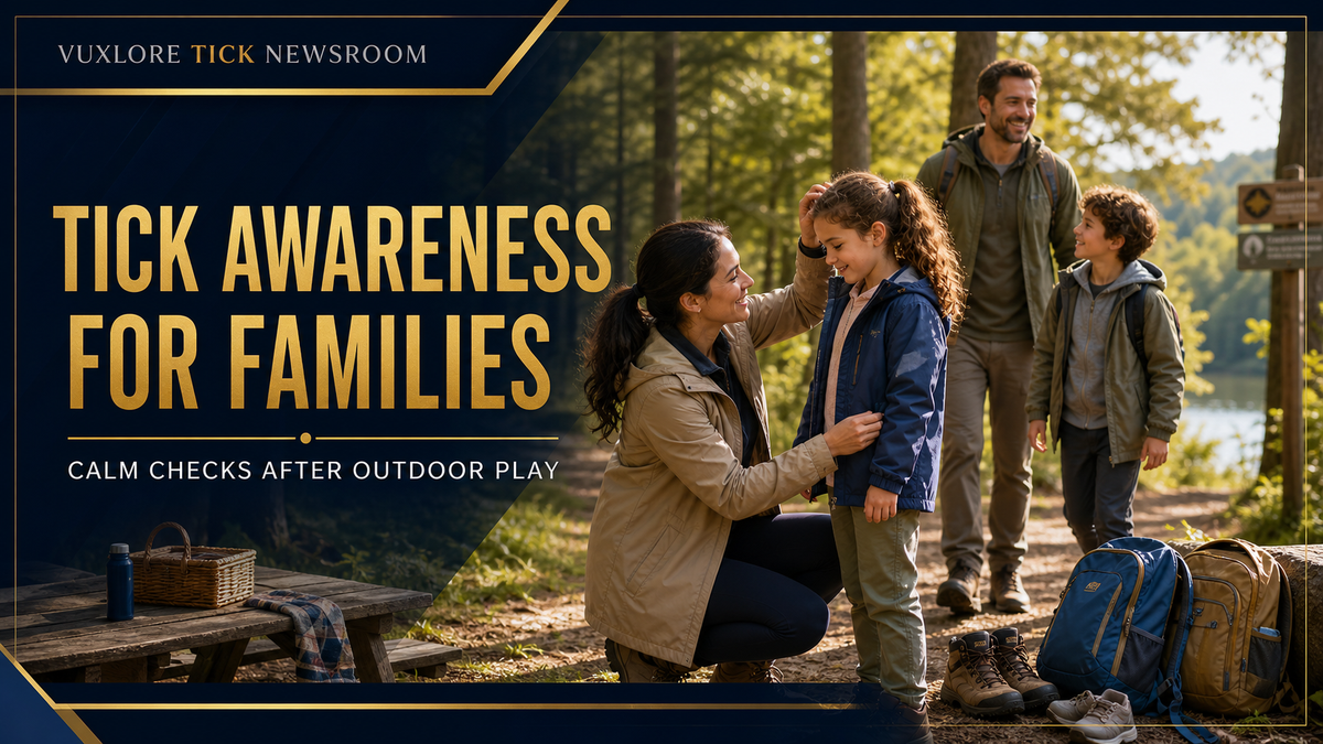 Parent calmly checking a child’s clothing and hair after family outdoor play in woodland