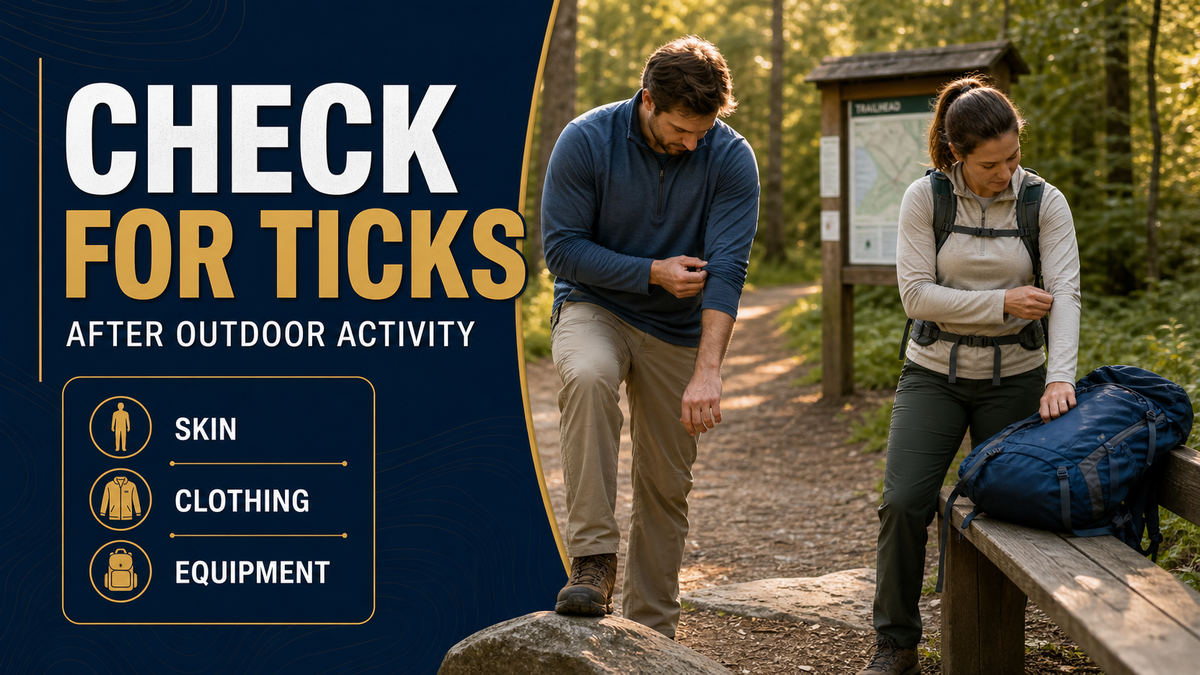 Walkers checking their skin, clothing and equipment for ticks after outdoor activity