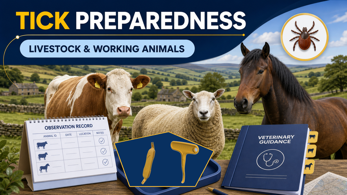 VuxLore MAX and single-hook tick removal tools with livestock and working animals in a countryside setting