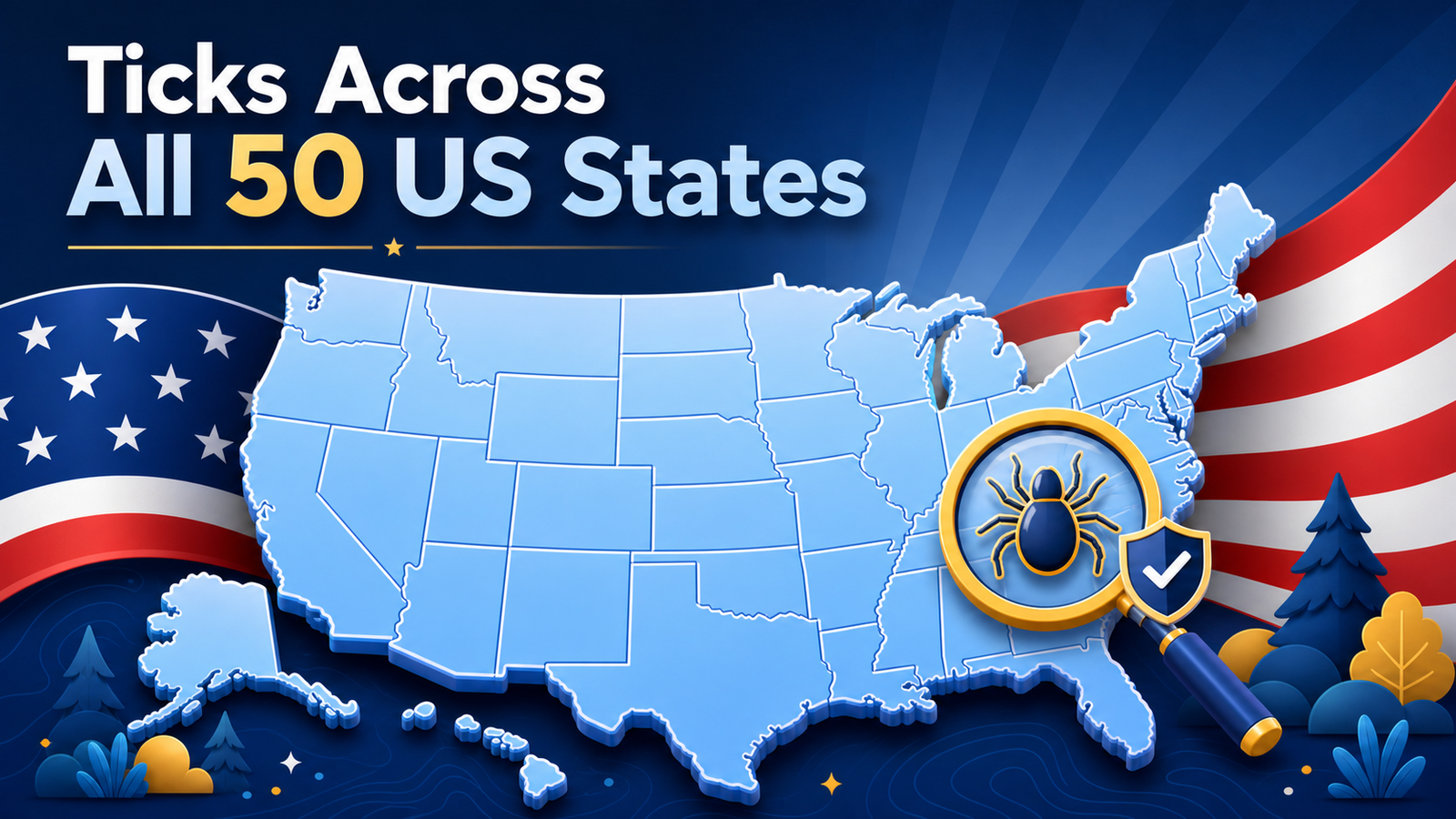 Ticks across all 50 US states with a United States map and an eight-legged tick illustration