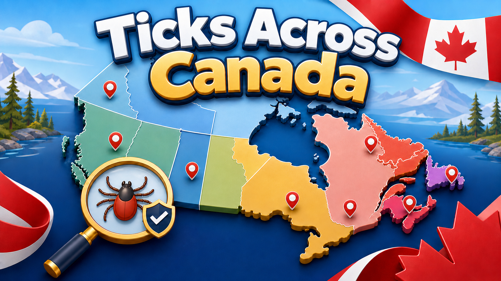 Ticks across Canada: map of Canadian provinces and territories with an eight-legged tick illustration