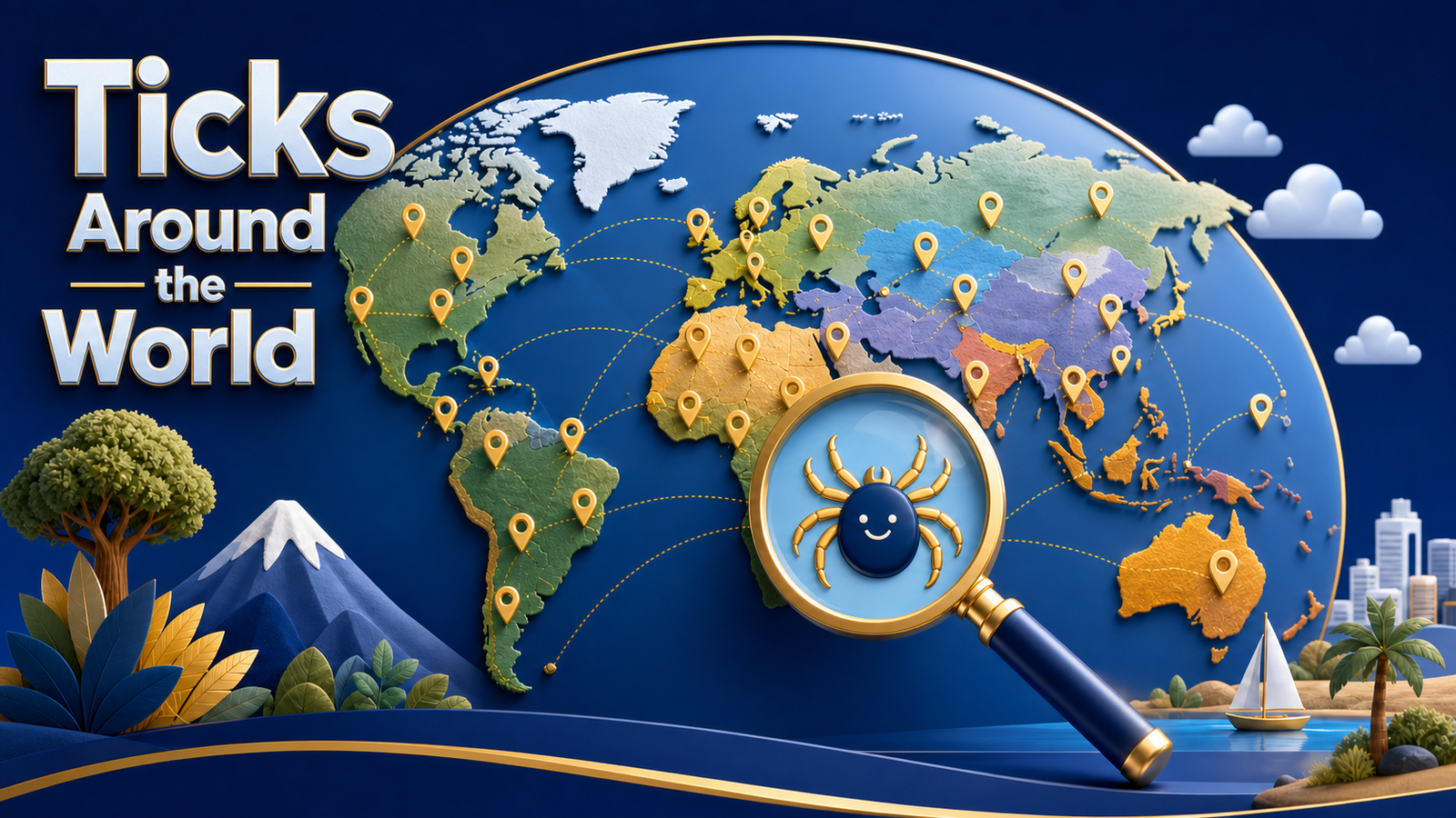 Ticks around the world with a global map and an eight-legged tick illustration