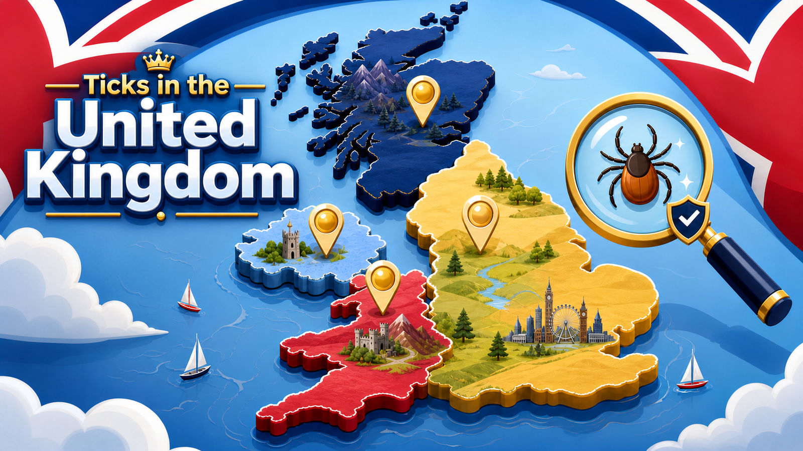 Ticks in the United Kingdom with a four-nation map and an eight-legged tick illustration