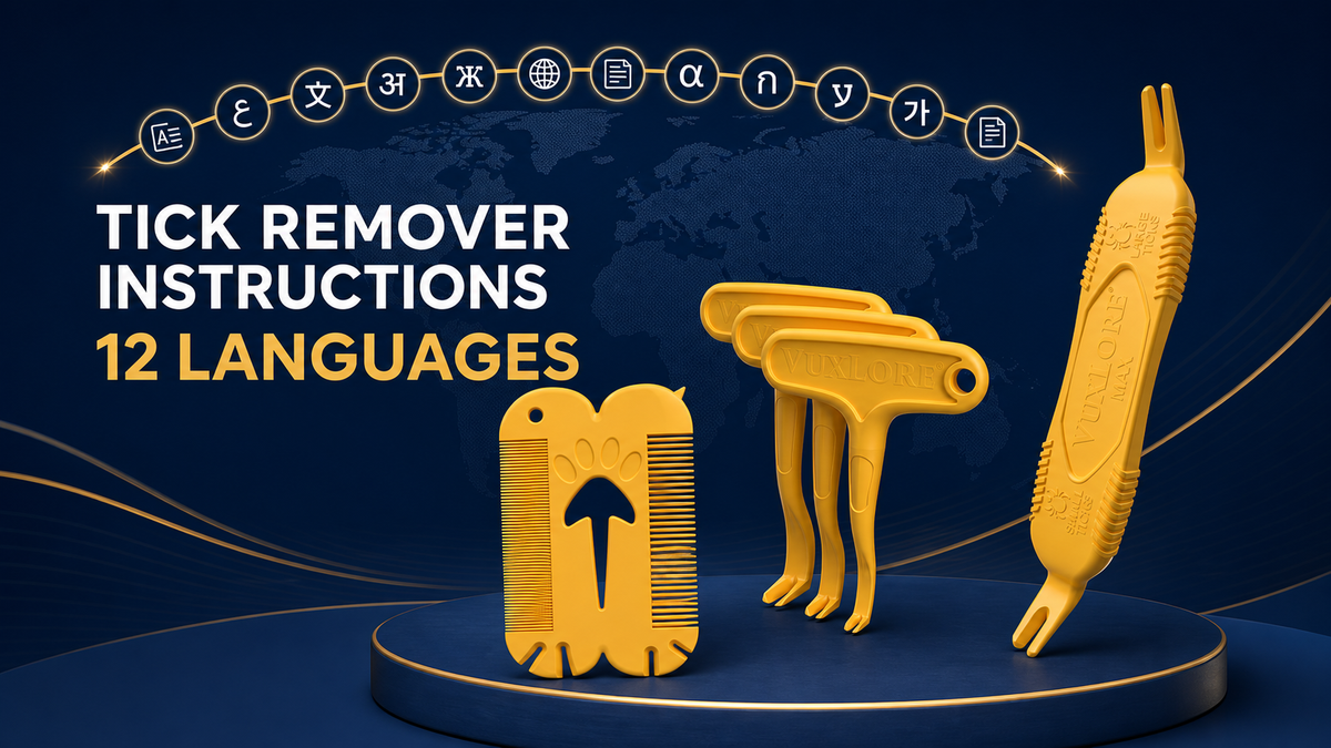 VuxLore POCKET, TRIO and MAX tick removal tools with instructions available in 12 languages