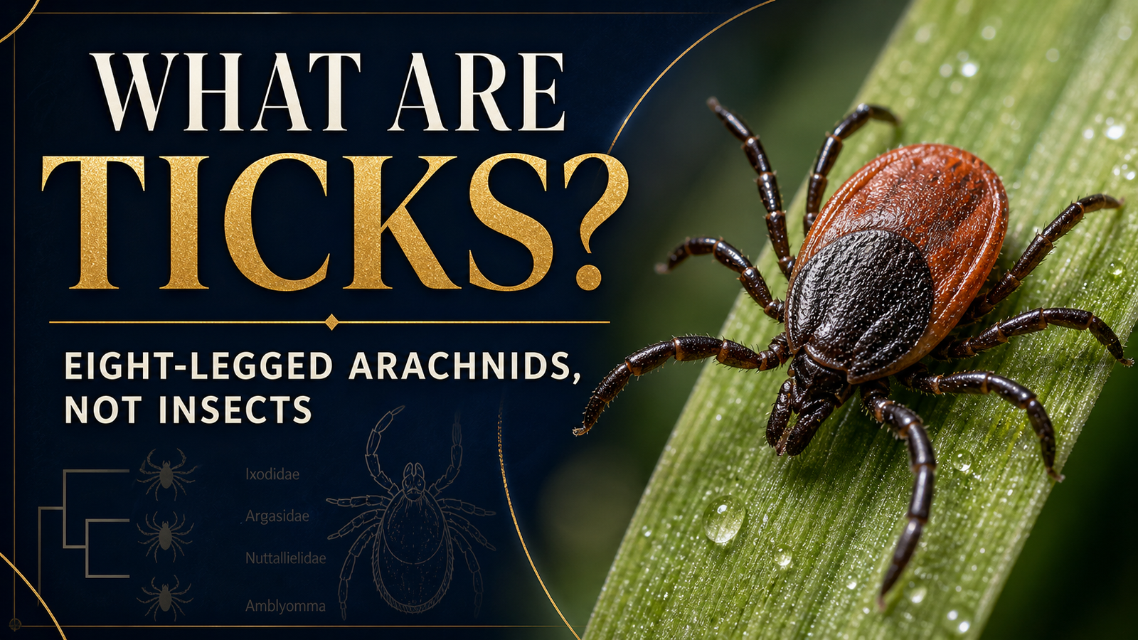 Accurate eight-legged tick on vegetation beside the title “What Are Ticks?”