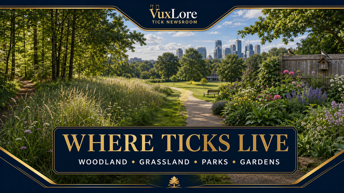 Woodland, grassland, an urban park and a wildlife-accessible garden illustrating habitats where ticks may occur