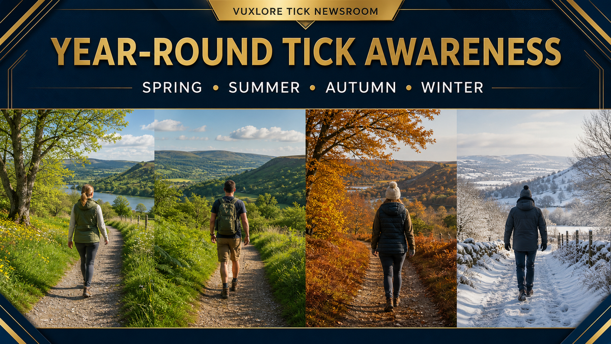 Walkers following countryside trails through spring, summer, autumn and winter to illustrate year-round tick awareness