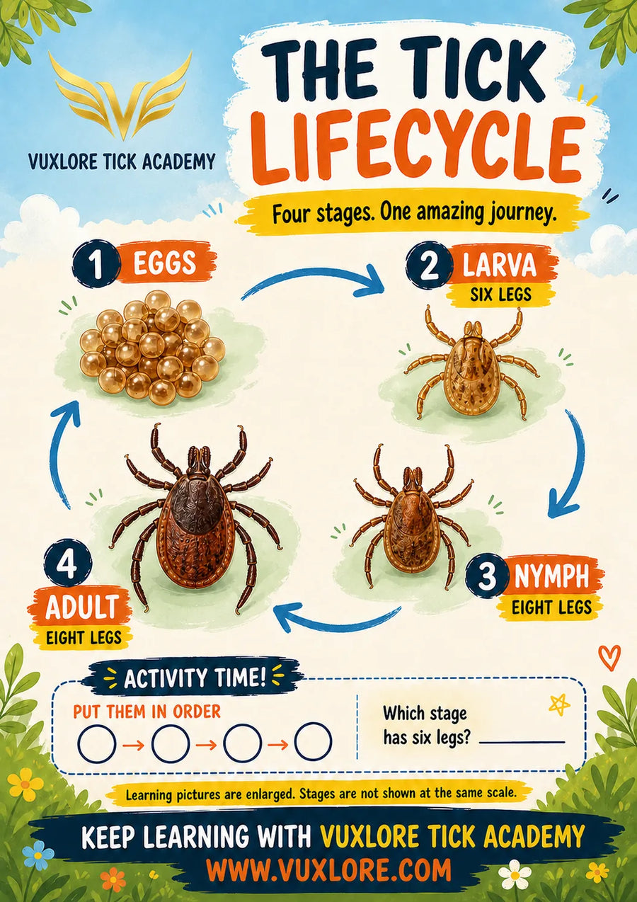 Illustrated tick lifecycle poster showing eggs, larva, nymph and adult stages