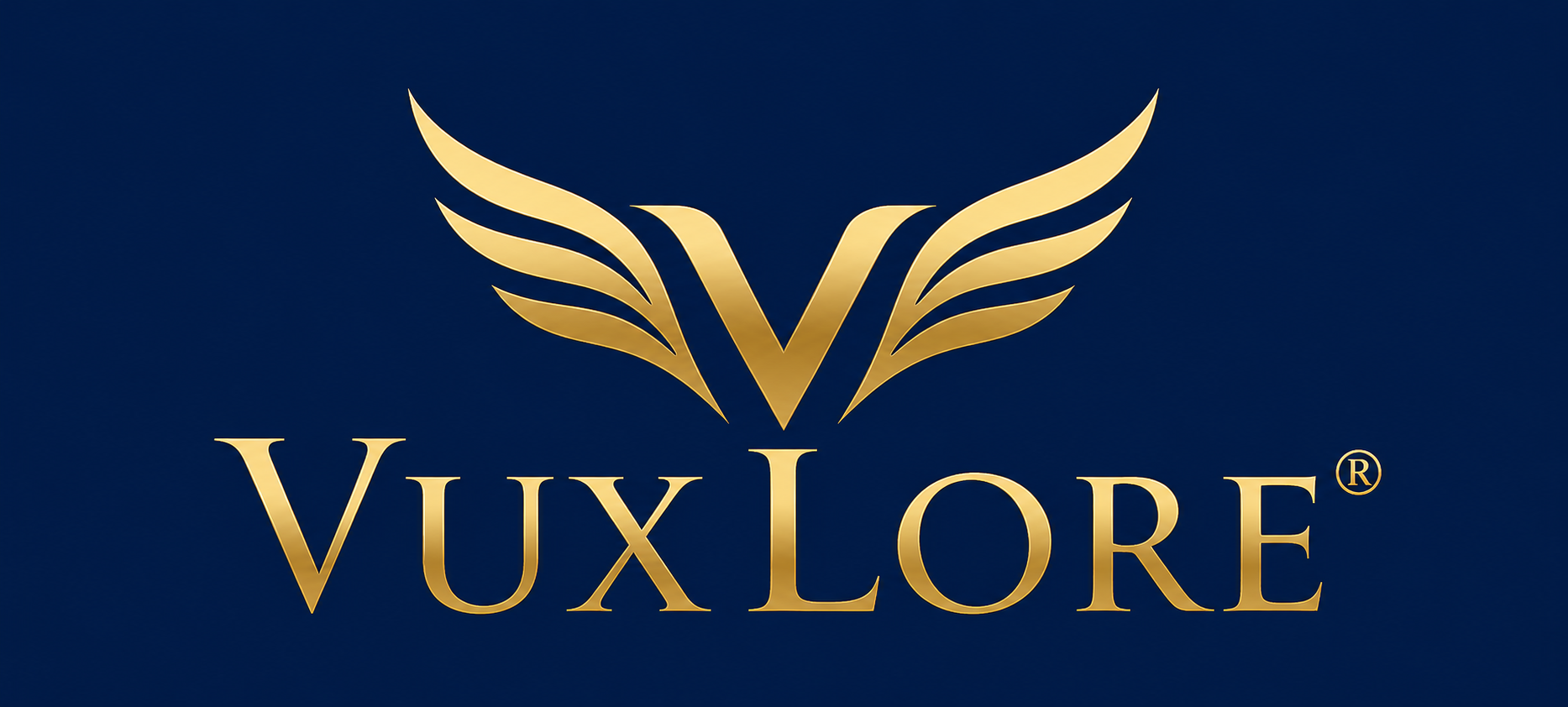 Gold VuxLore logo with an elegant winged V emblem above the brand name on a dark navy blue background.