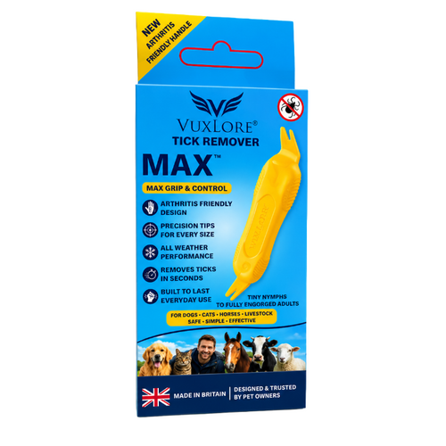 Vuxlore Max Tick Remover packaging box featuring a bright blue background with a yellow tick remover illustrated on the front, plus product details and pet photos along the bottom.