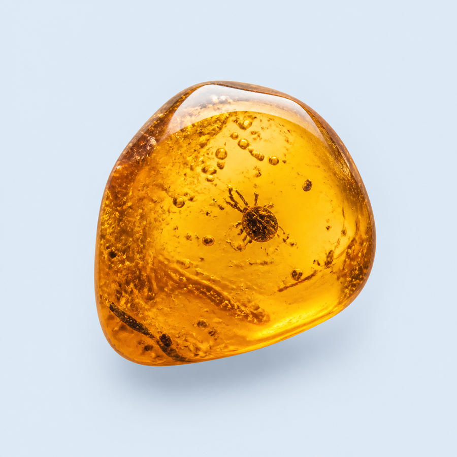 Simplified AI-generated educational illustration of amber containing a generic fossil tick-like inclusion; not a diagnostic image of Amblyomma arawakan