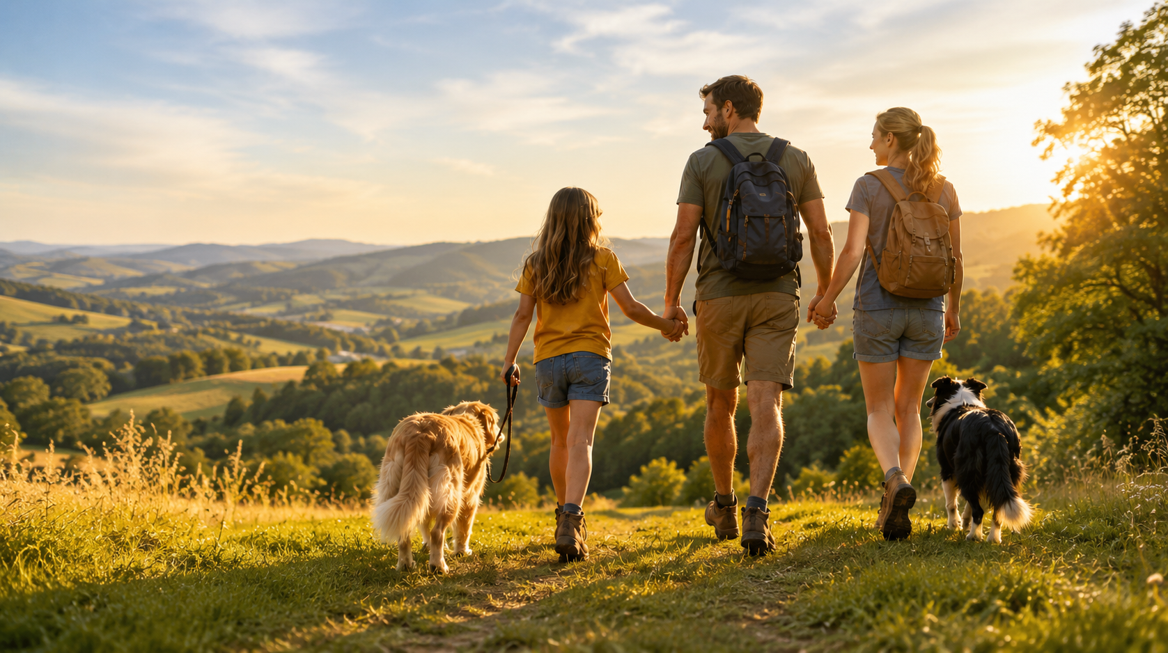 Family walking with dogs through the countryside at sunset tick aware