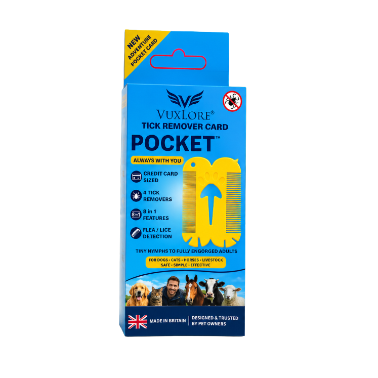 Vuxlore Tick Remover Card Pocket packaging, featuring a bright blue box with a yellow comb graphic and text detailing its tick and flea removal features, set against a plain white background.