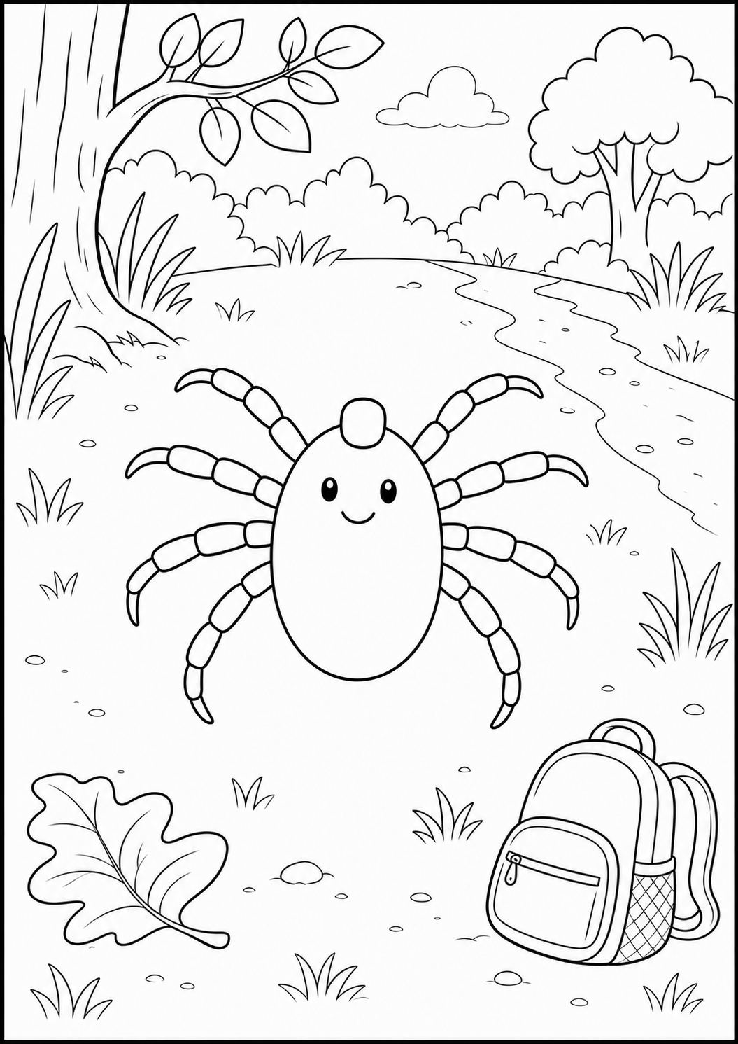 Friendly eight-legged tick in a woodland scene ready to colour