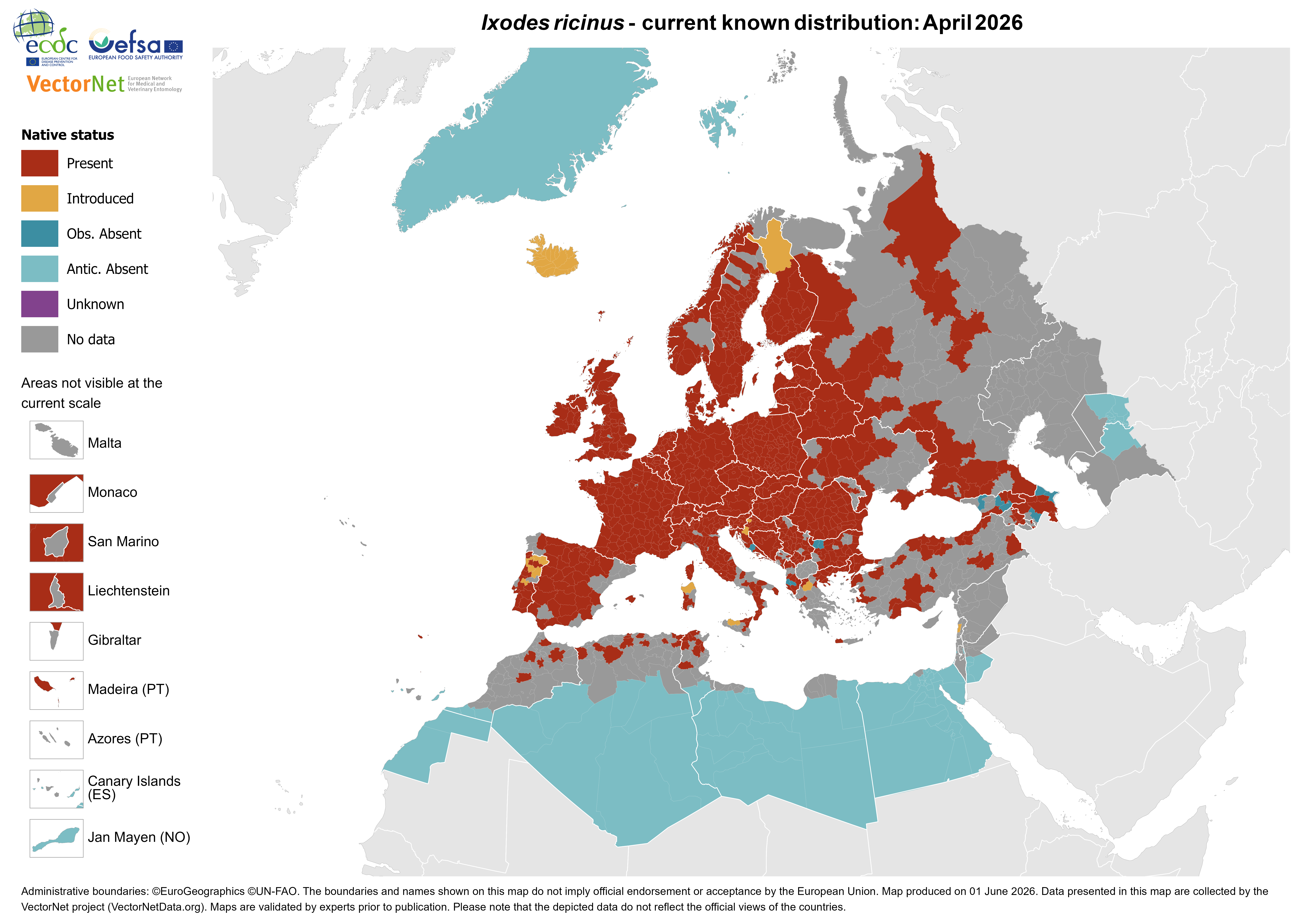 ECDC map of the current known distribution of Ixodes ricinus in Europe in April 2026