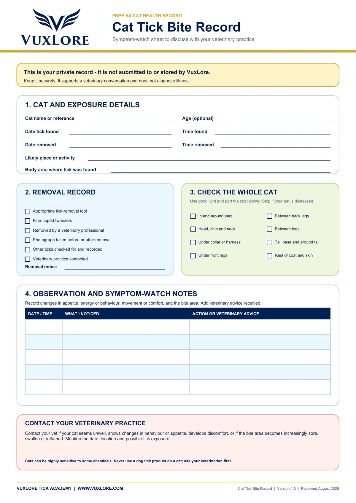 Printable cat tick bite record and symptom watch sheet with exposure details, removal checklist, whole-cat tick-check areas and observation table
