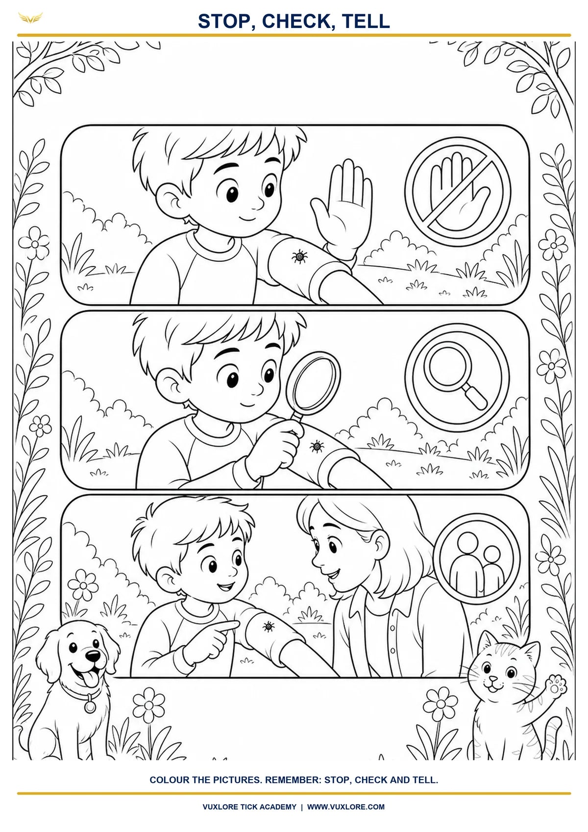 Stop Check Tell tick-safety colouring page for young children and trusted grown-ups