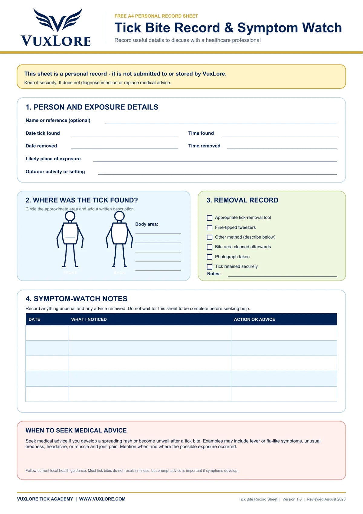 Printable tick bite record and symptom watch sheet with exposure details, body map, removal record and notes table