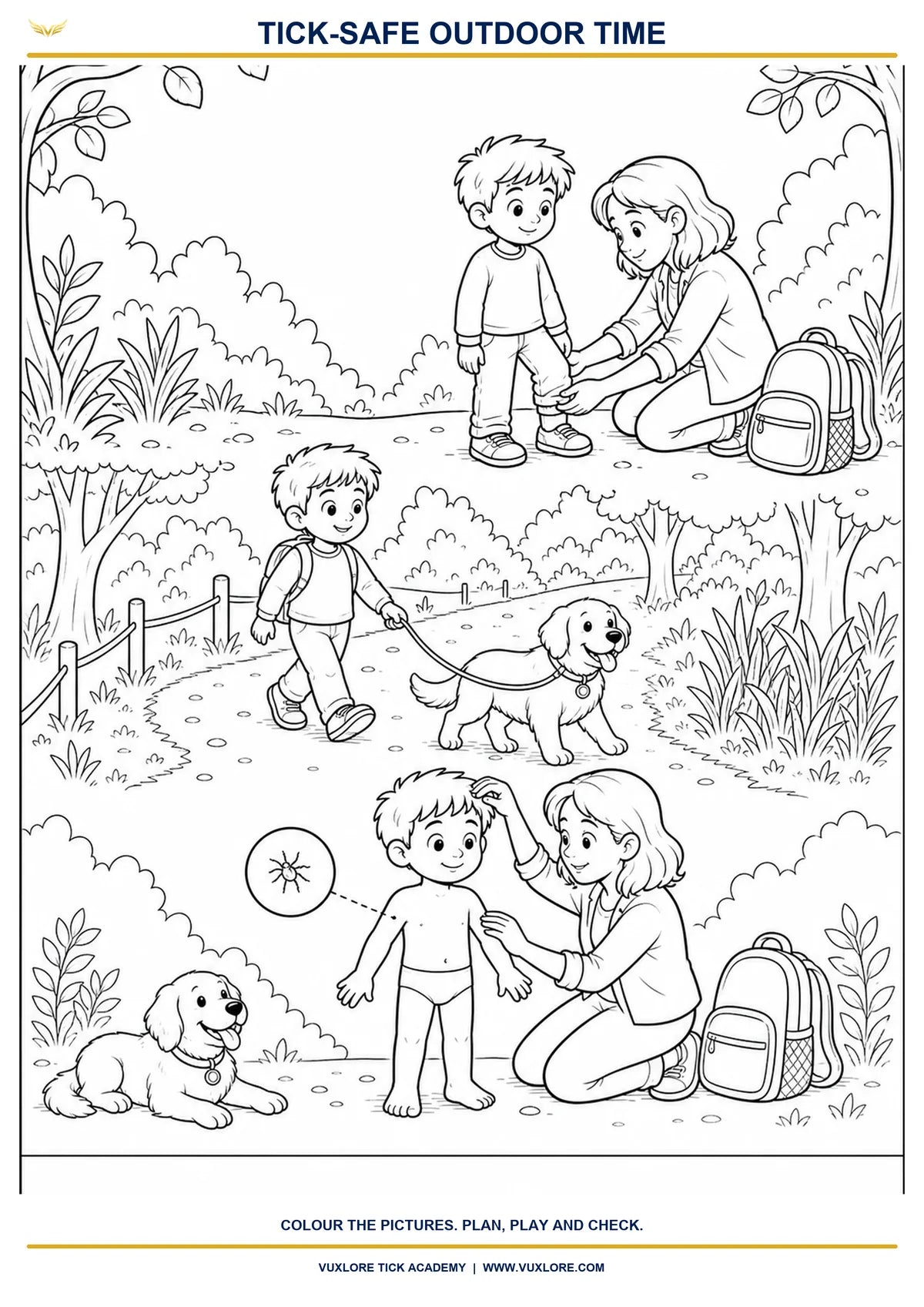 Tick-safe outdoor time colouring page showing preparation, clear paths and checks after a walk